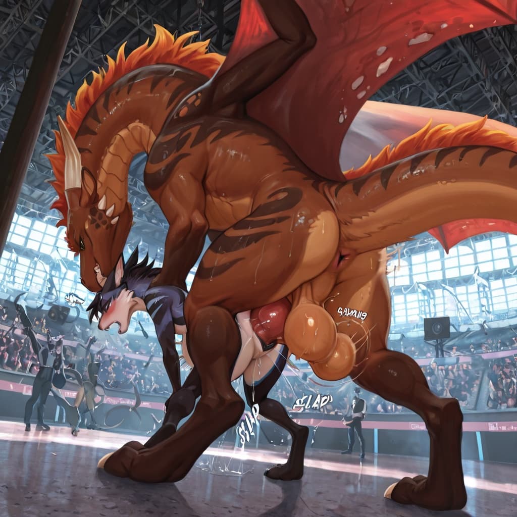 feral_penetrating_anthro, bestiality, intraspecies_bestiality, feral_wolf, huge_penis, knotted_penis, huge_balls, saggy_balls, swinging_balls, anthro_dragon, furred_dragon, slim_anthro, digitigrade, d
