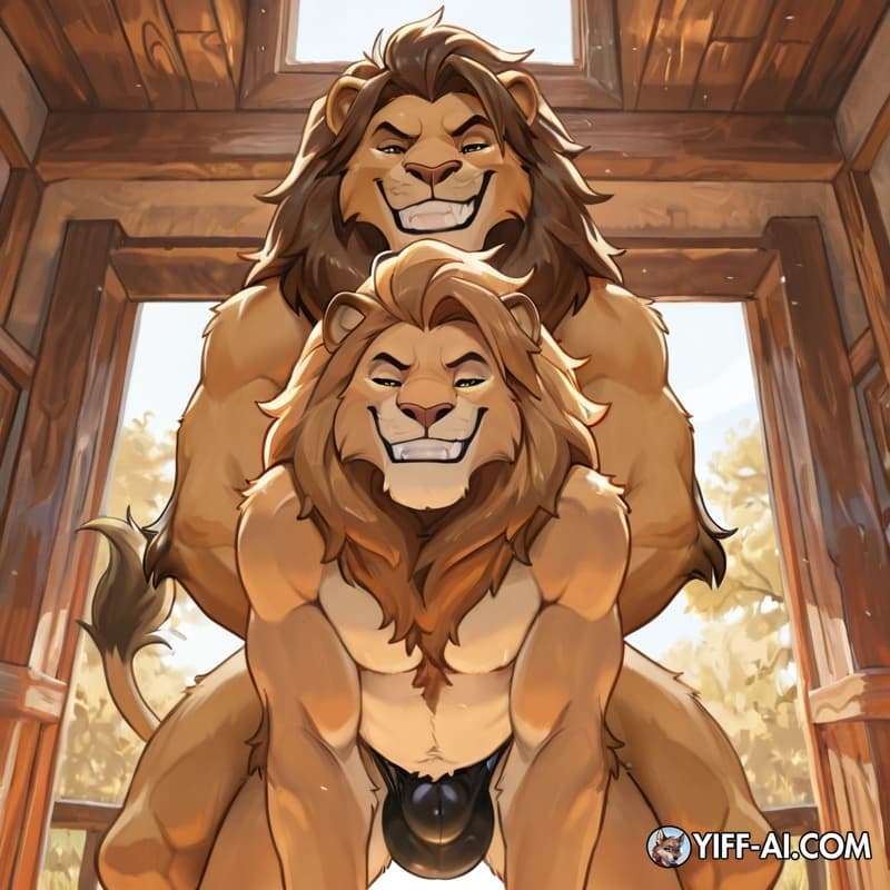 Lion on horse bulge, grinning_at_viewer, smug smug_grin, doggy standing from_behind_position,