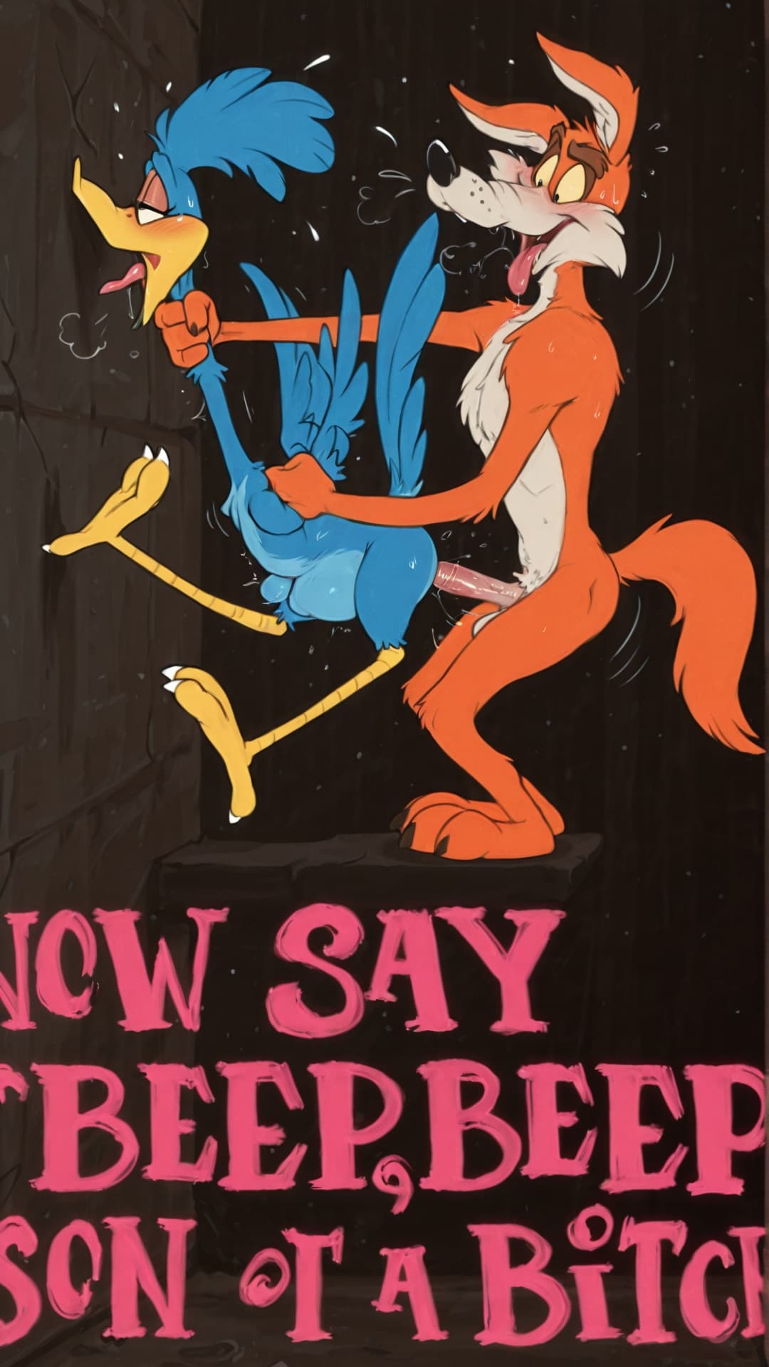 (by_anti_dev:1.4), duo, anthro, male/ambiguous, canid, coyote, avian, roadrunner, beak, warner_brothers, looney_tunes, wile_e._coyote, road_runner_(looney_tunes), black_background, from_behind_posi