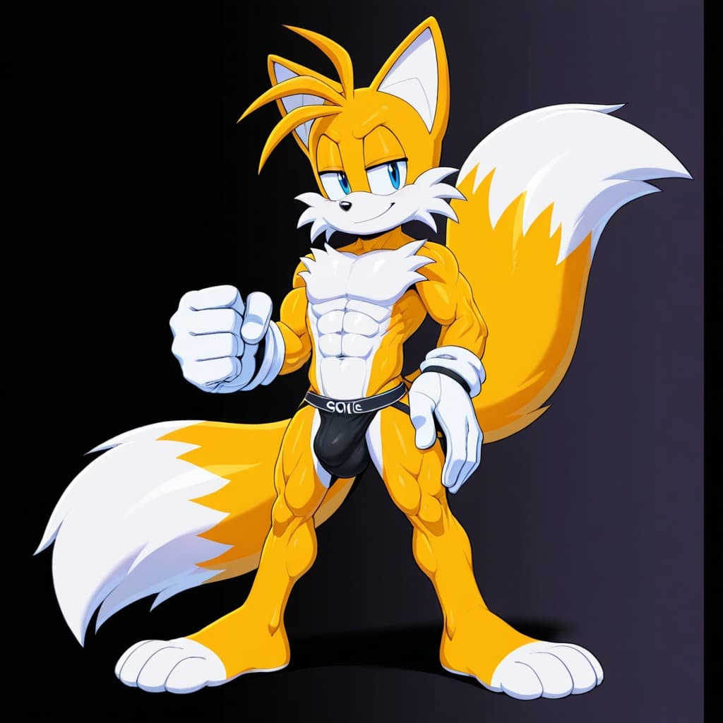 solo, anthro, fox, yellow_fur, sonic, nine_(sonic), male, muscular, abs, six-pack, 2_tails, white_gloves, jockstrap, detailed_bulge, medium_bulge, standing, full_body, three-quarter_view,
