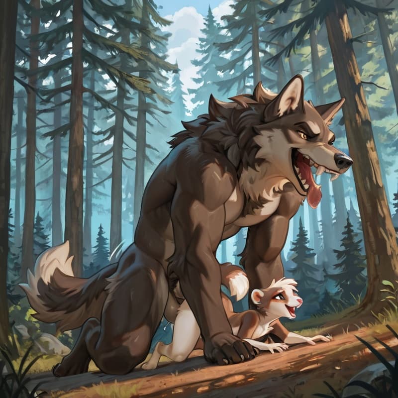 two characters, anthro, tiny ferret getting fucked by a big wolf, wolf's mouth is open wide as if to eat the ferret, ferret looks afraid, male, adorable, doggy style, naked, sheath, balls, feminine,