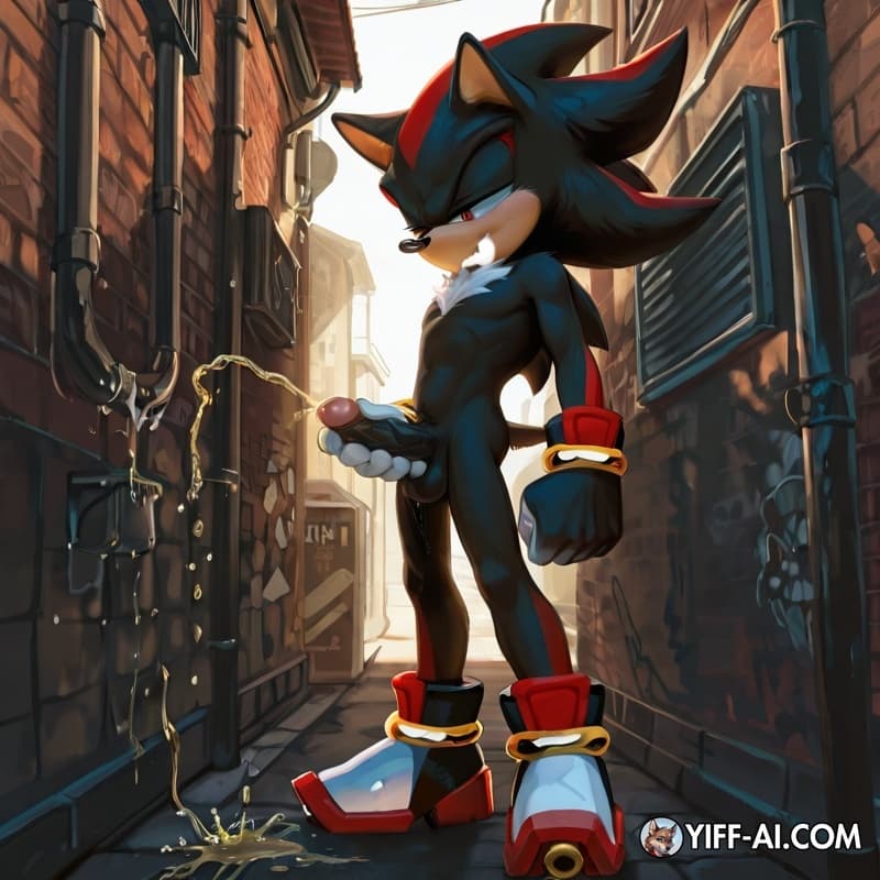 shadow_the_hedgehog, standing, humanoid_penis, small_penis, erection, alley, pissing_on_wall, urine_stream,