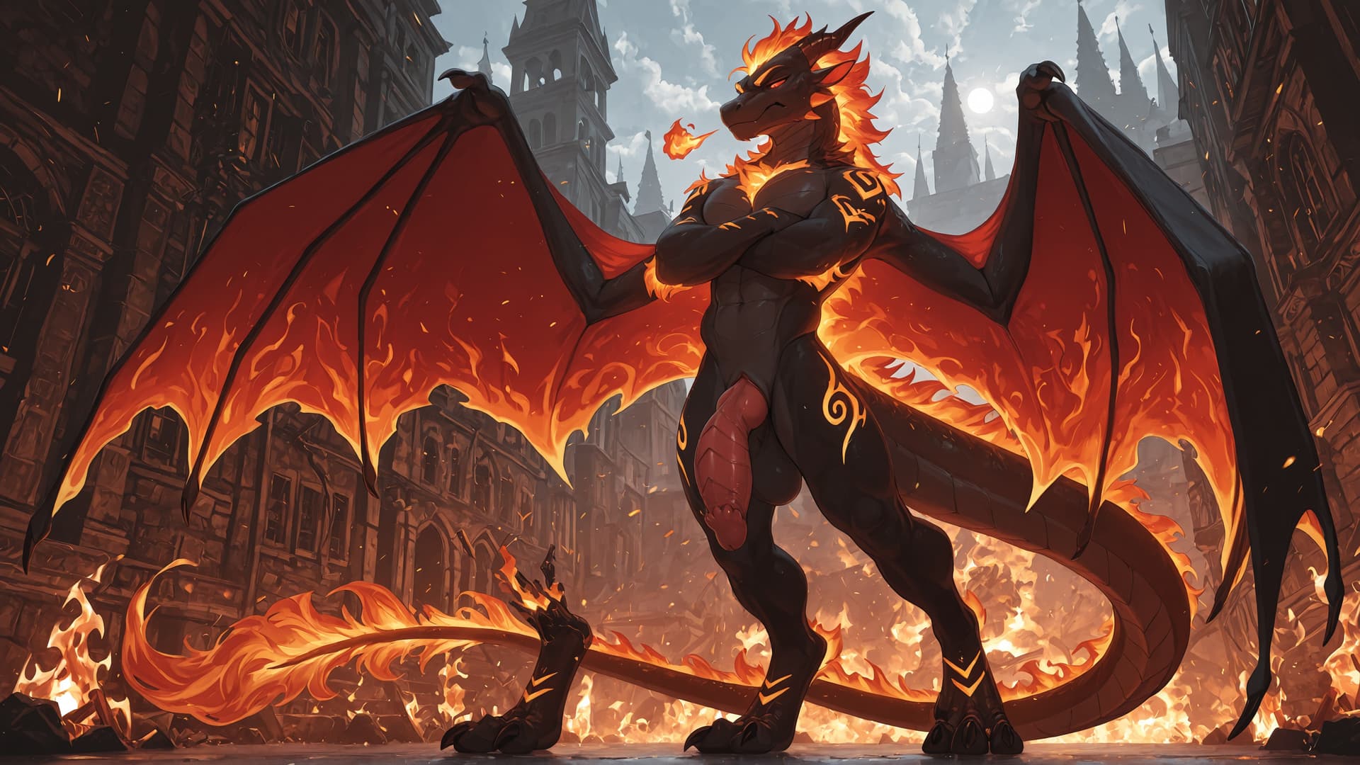 by_kluclew, solo, solo, demonic, anthro, dragon, black_fur, furred_dragon, furry_tail, digitigrade, three_toes, clawed_feet, fire_mane, fire_spine, runic_markings, glowing_markings, glowing_eyes, red_