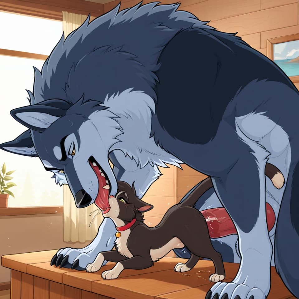 Duo, (Male wolf, huge, (feral:1.3), humanoid_penis), (female house_cat, (feral:1.3)), oral_penetration, feral_on_feral, feral_penetrating_feral, size_difference, larger_male, (female_penetrated:1.3)