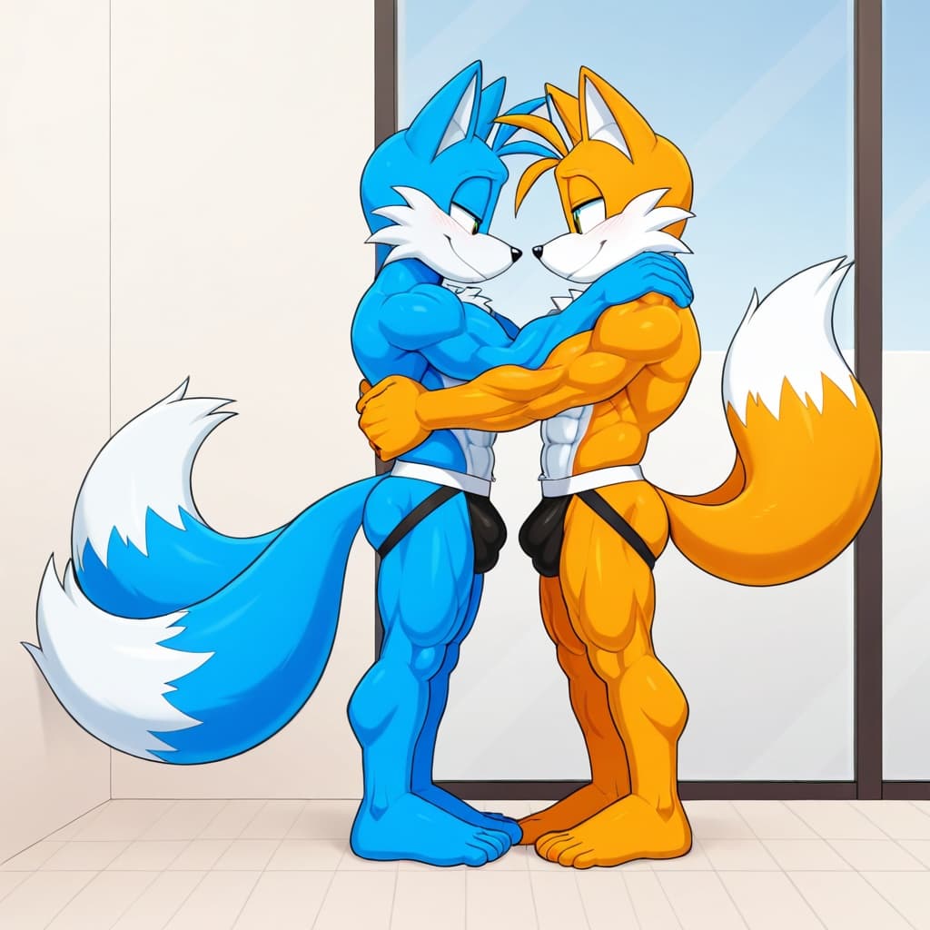 duo, 2_boys, male fox, Tails by Sonic, orange_fur, 2_tails, muscular, adult anatomy, abs, six-pack, standing, hand_on_hip, male fox , Tails_Nine by Sonic, yellow_fur, 2_tails, muscular, adult an