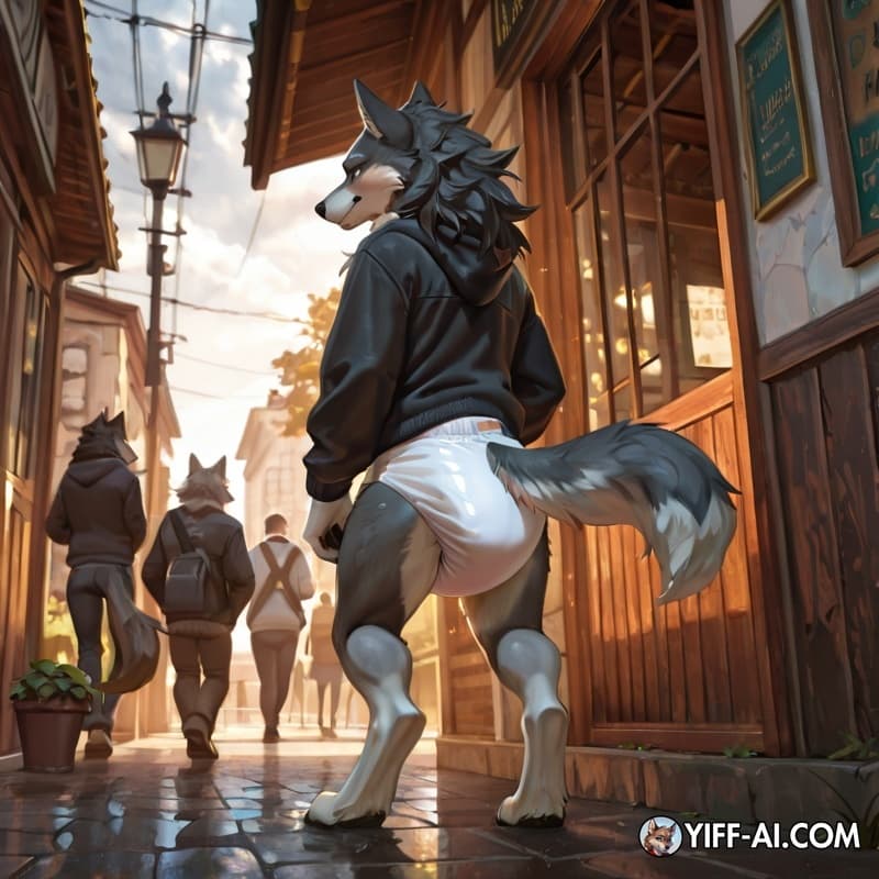 soiling_diaper, wolf, cute, grey wolf_tail, public_exposure,