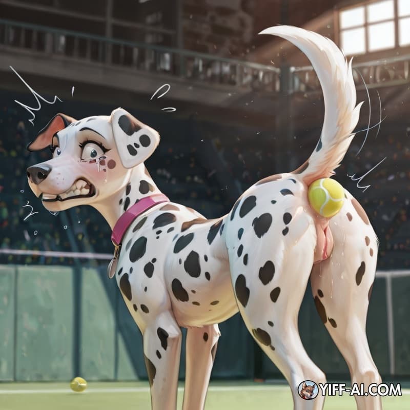 dog, feral, female, dalmatian, canid, animal_genitalia, animal_vulva, slim, anal_insertion, tennis_ball_in_ass, side_view, presenting_hindquarters, raised_tail, tears_of_pain, clenched_teeth, surpris