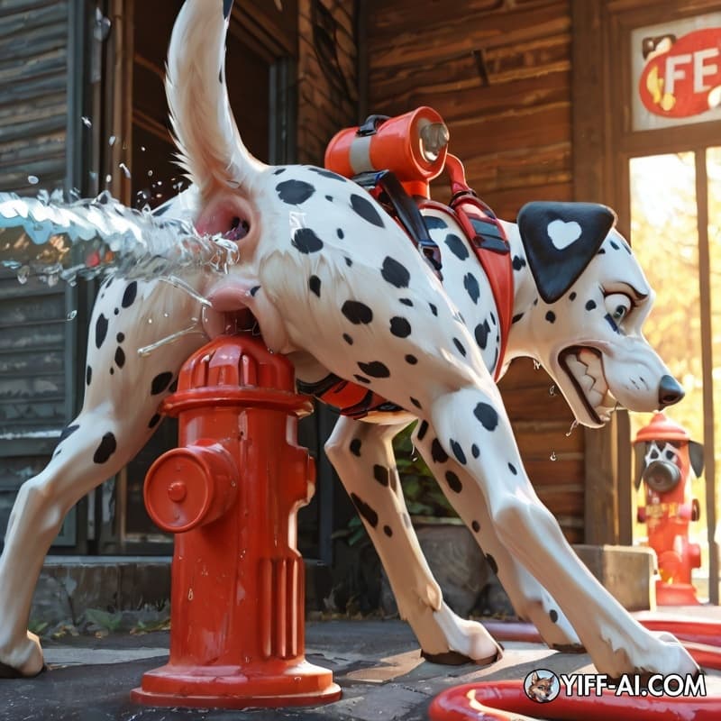 dog, feral, female, dalmatian, canid, animal_genitalia, canine_vulva, slim, firefighter, service_dog_harness, side_view, public, fire_hydrant, fire_hose, accident, water_jet_on_vagina, gaping_anus, ga