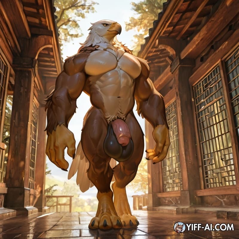 Solo, eagle, muscular_male, digitigrade, big_feet, big_hands, flaccid, big_cock, big_balls, walking, nude_anthro,