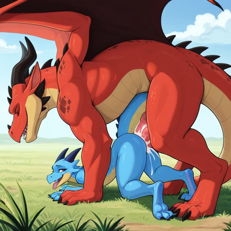 trio, dragon, kobold, male, female, larger_male, big_penis, size_difference, nude, vaginal_penetration, living_condom, cum_in_vagina, playful, outside, (feral_penetrating:1.3), (feral_male:1.3), (domi