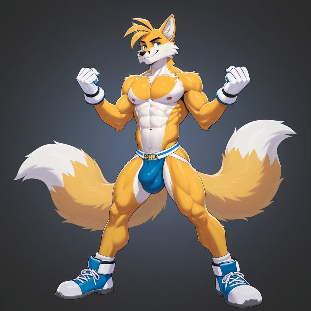male, solo, anthro, fox, yellow_fur, Tails_Nine_(sonic prime), muscular, abs, six-pack, 2_tails, white_gloves, jockstrap, detailed_bulge, medium_bulge, standing, full_body, three-quarter_view, robotic