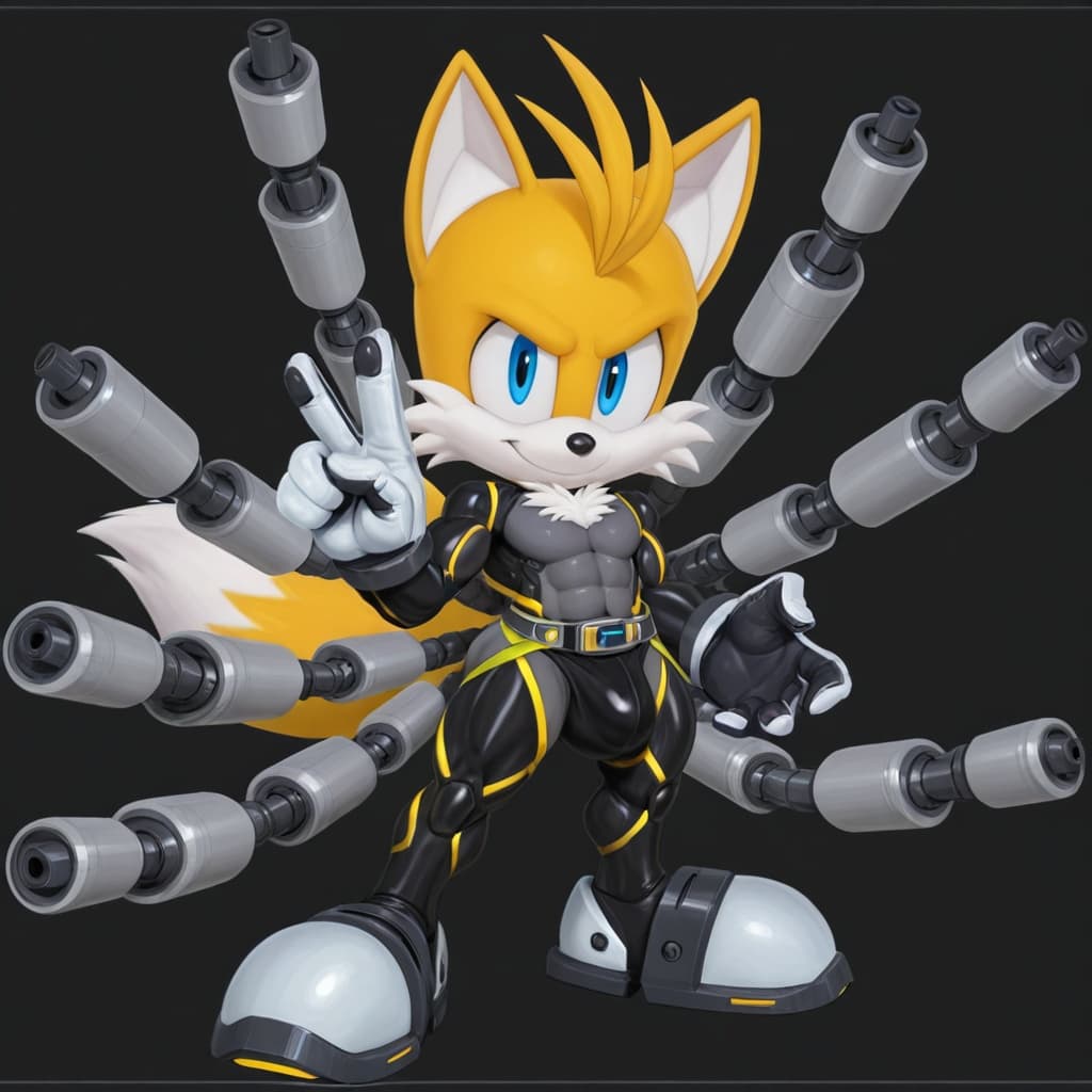 male, solo, anthro, fox, yellow_fur, Tails_Nine_(sonic prime), muscular, abs, six-pack, 2_tails, white_gloves, jockstrap, detailed_bulge, medium_bulge, standing, full_body, three-quarter_view, robotic