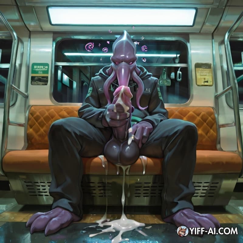 Mindflayer, mind_control, big_hands, big_feet, sitting, Subway, masturbation, grabbing, big_cock, big_balls, leaking_cum,