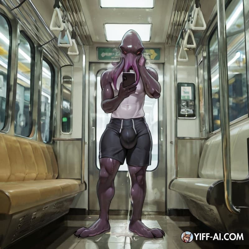 Mindflayer, phone, calling, subway, big_bulge, grabbing_his_own_bulge, shorts_only, leaking_cum, public_exposure, big_feet, sweat, standing,