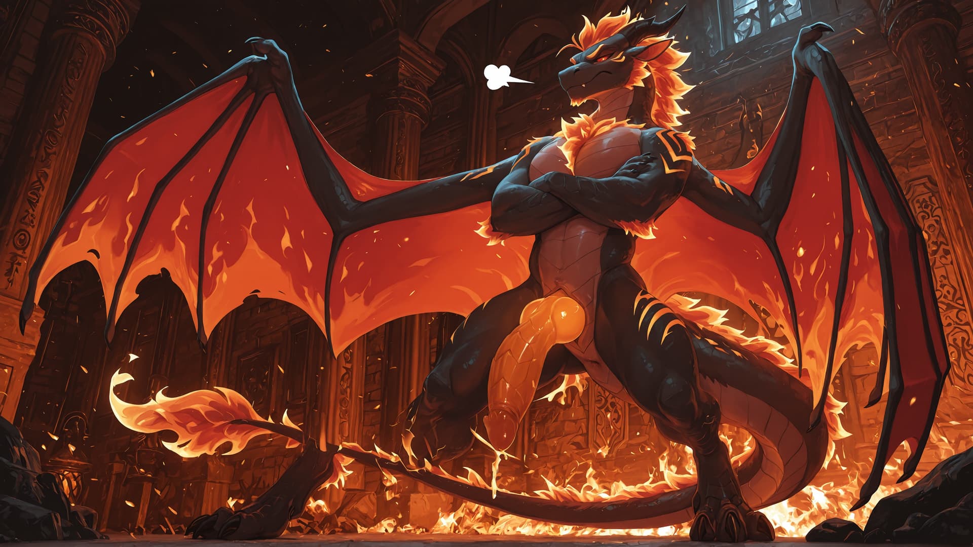 by_kluclew, solo, solo, demonic, anthro, dragon, vantablack_fur, furred_dragon, furry_tail, digitigrade, three_toes, clawed_feet, fire_mane, fire_spine, runic_markings, glowing_markings, glowing_eyes,