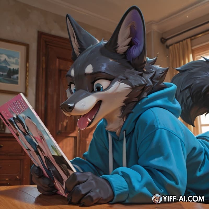 Cute, anthropomorphic black wolf with blue eyes and purple inner ears and paw pads. The wolf wears a blue hoodie with white drawstrings, The character has a fluffy black fur texture and a pink tongue