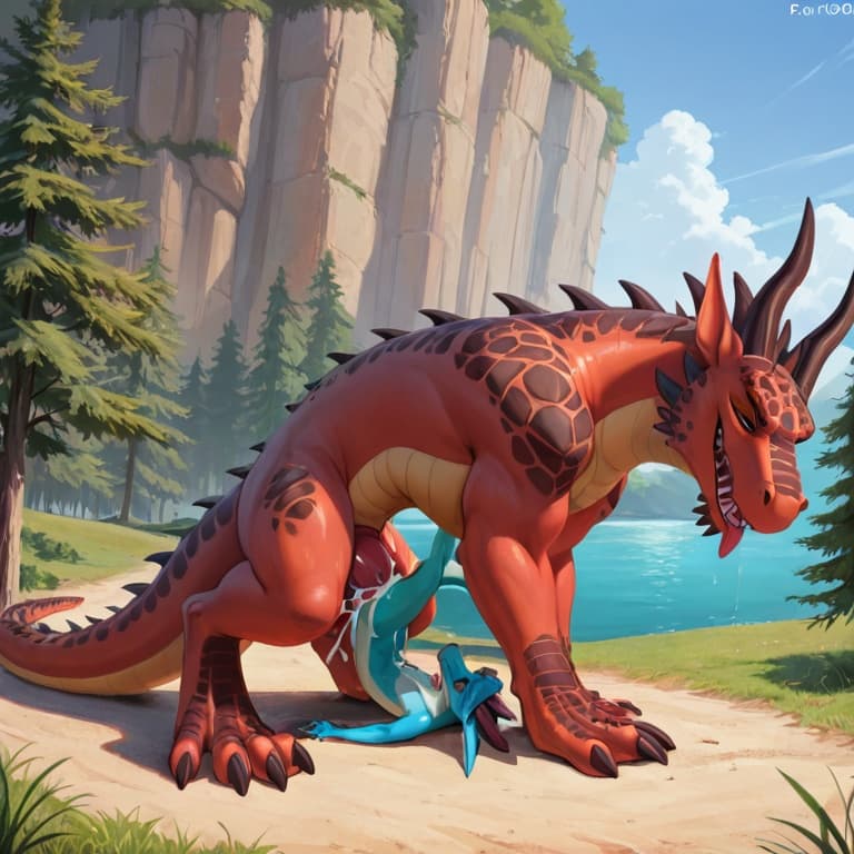 trio, dragon, kobold, male, female, larger_male, big_penis, size_difference, nude, vaginal_penetration, living_condom, cum_in_vagina, playful, outside, (feral_penetrating:1.3), (feral_male:1.3), (domi