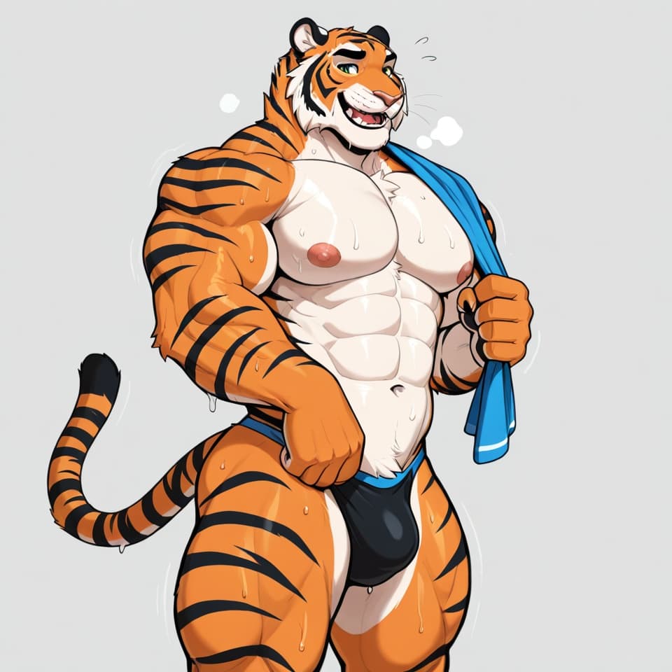 Solo, anthro, shirtless_male, black thong, green eyes, bearish_build/buff/large muscles, flat stomach, furry body texture, realistic tiger, orange and black tiger,
Hes smiling shyly, as if kind of emb