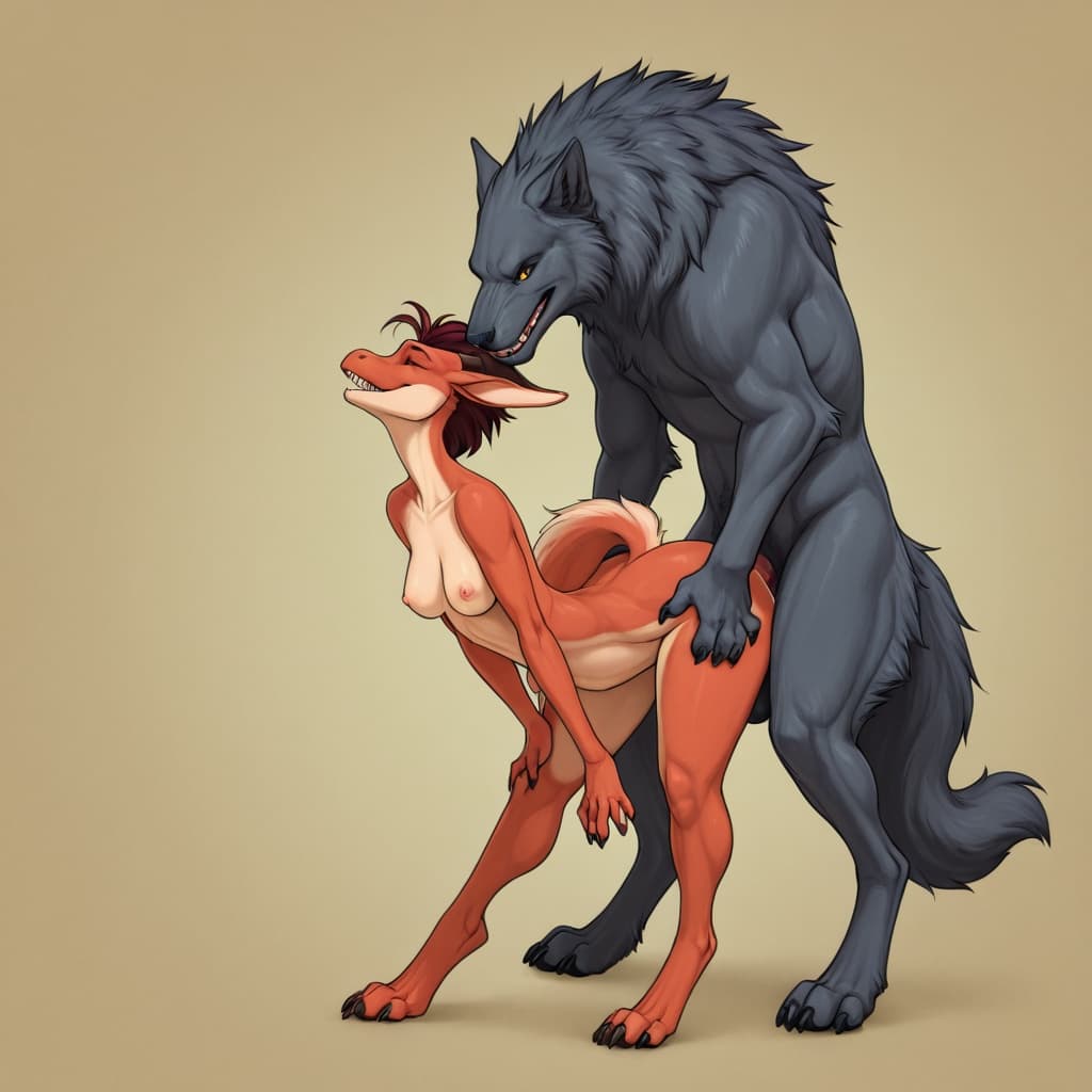 By_neshi, anthro, female, dragon, furred_dragon, small_breasts, slim_anthro, digitigrade, three_toes, dragon_claws, stretched_pussy, ridiculous_fit BREAK feral, realistic_feral, wolf, quadruped, wolf_