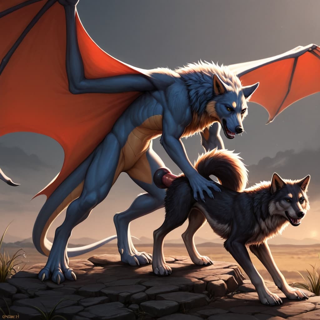 By_neshi, anthro, female, dragon, furred_dragon, small_breasts, slim_anthro, digitigrade, three_toes, dragon_claws BREAK feral, realistic_feral, wolf, quadruped, wolf_penis, erection, duo, doggystyle,