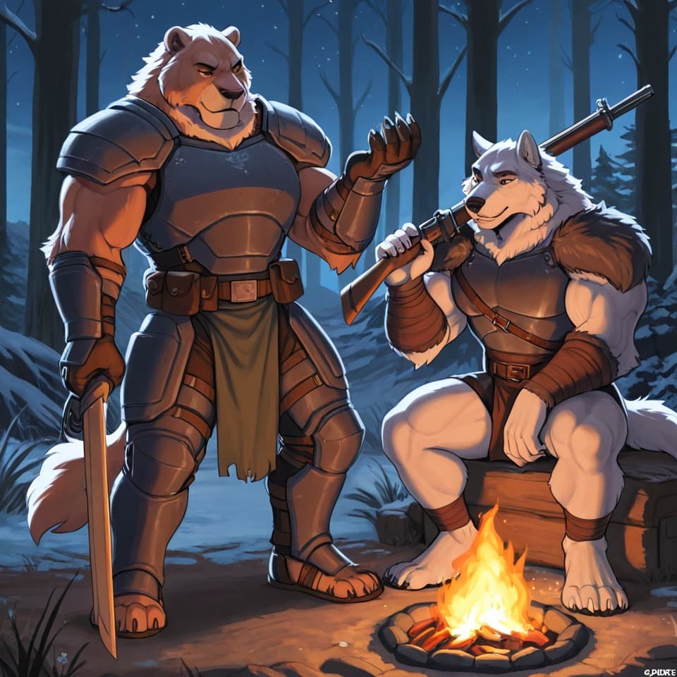 masterpiece, best_quality, ultra_detailed, highres,
group of muscular anthro warriors (tigers, bears, wolves, lions),
ancient spartan camp at night, campfires, armor and weapons around,
strong masc