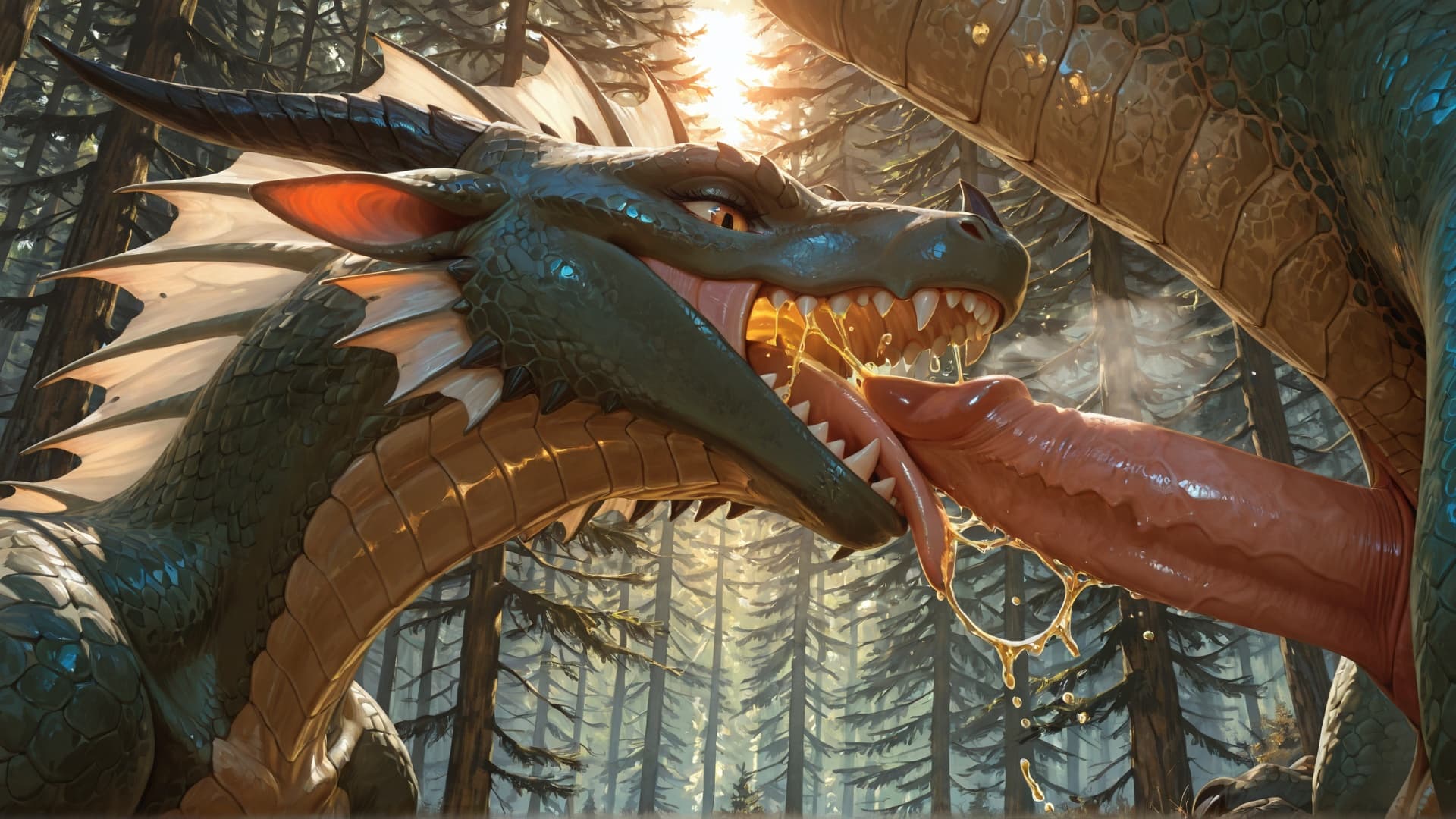 A male feral dragon urinating into the open mouth of a female feral dragon. duo, dragon_feral, quadruped, (((tapering_penis))), ((long_penis)), urination, (urine_stream), urine_in_mouth, peeing_on_ano