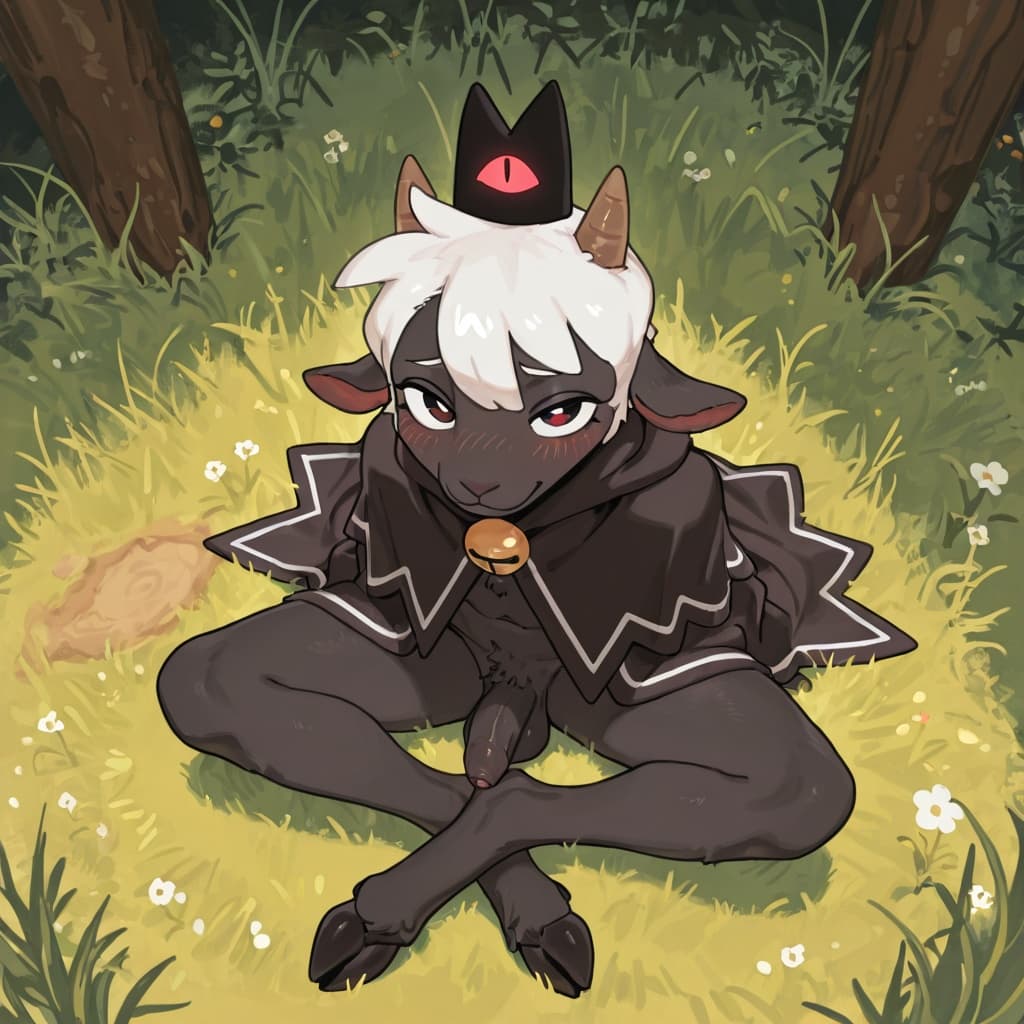 (by bebebebebe:1.3), male, hair, (lamb_(cult_of_the_lamb) cloak_only), (black_fur, white_hair), sitting, crossed_legs, penis, uncut, foreskin, flaccid, balls, blushing_at_viewer, outdoors, grass, (sit