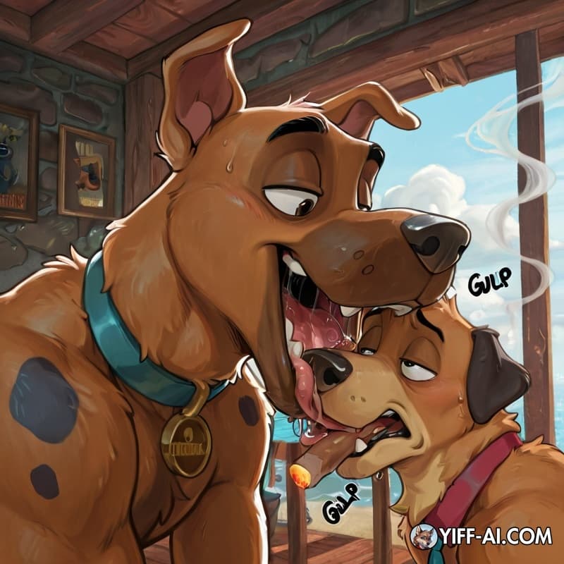 duo, furry, dog, anthro, male, gay, oral_vore, stoned, courage_the_cowardly_dog, swallowing, Scooby, smoking_marijuana,