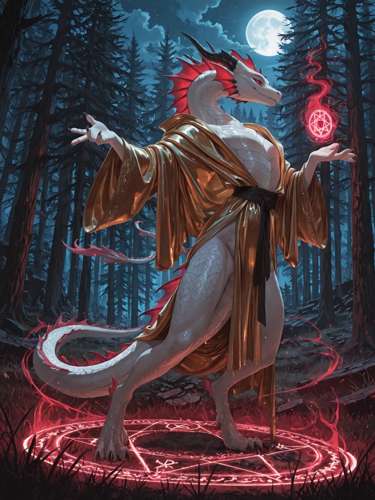 solo, dragon, feral, female, quadruped, standing_on_hind_legs, hand_gestures, furgonomics, flowing_golden_robe, flat_chested, white_scales, frill_(anatomy), black_horns_and_claws, bright_red_eyes, mag