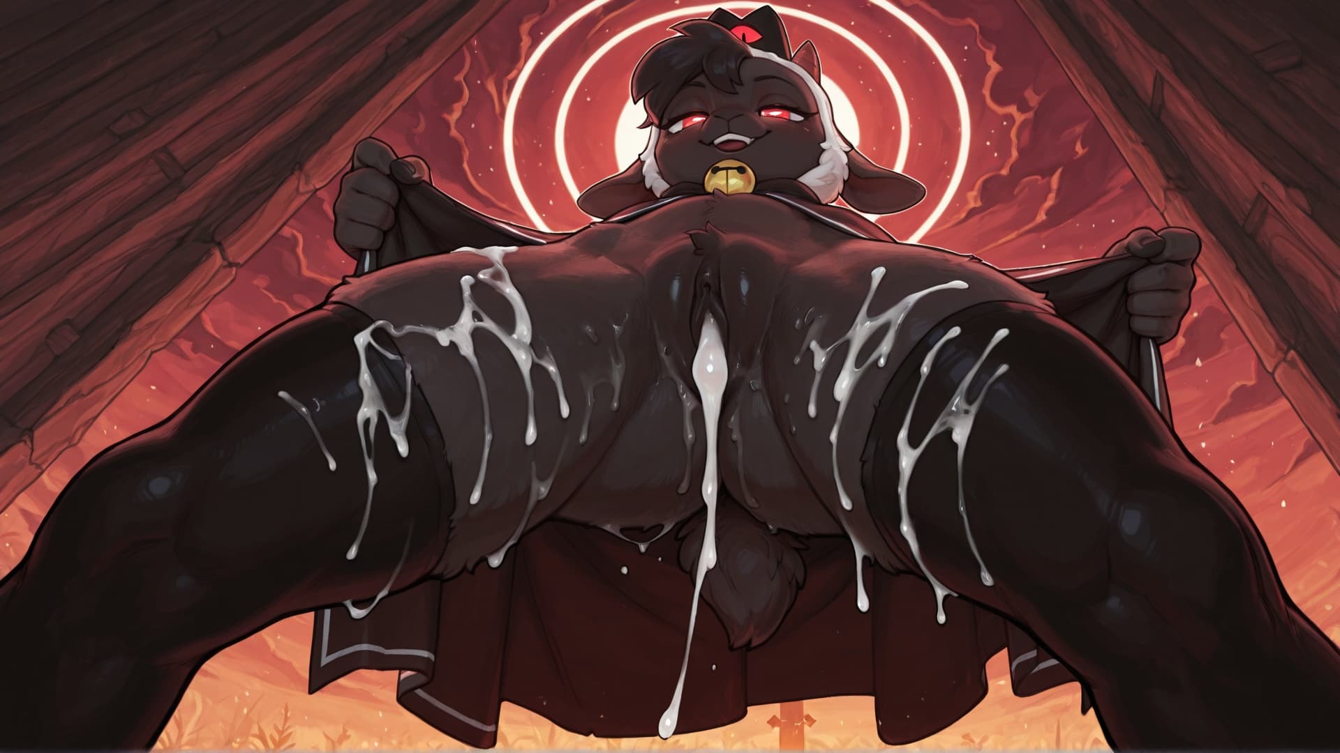 (by snowskau:1.3), emale, hair, (lamb_(cult_of_the_lamb) cloak_only and thigh_highs_only naughty_face), (black_fur white_hair), standing, cum_in_pussy, cum_on_leg, cum_drip, leaking_cum, worm's-eye_v
