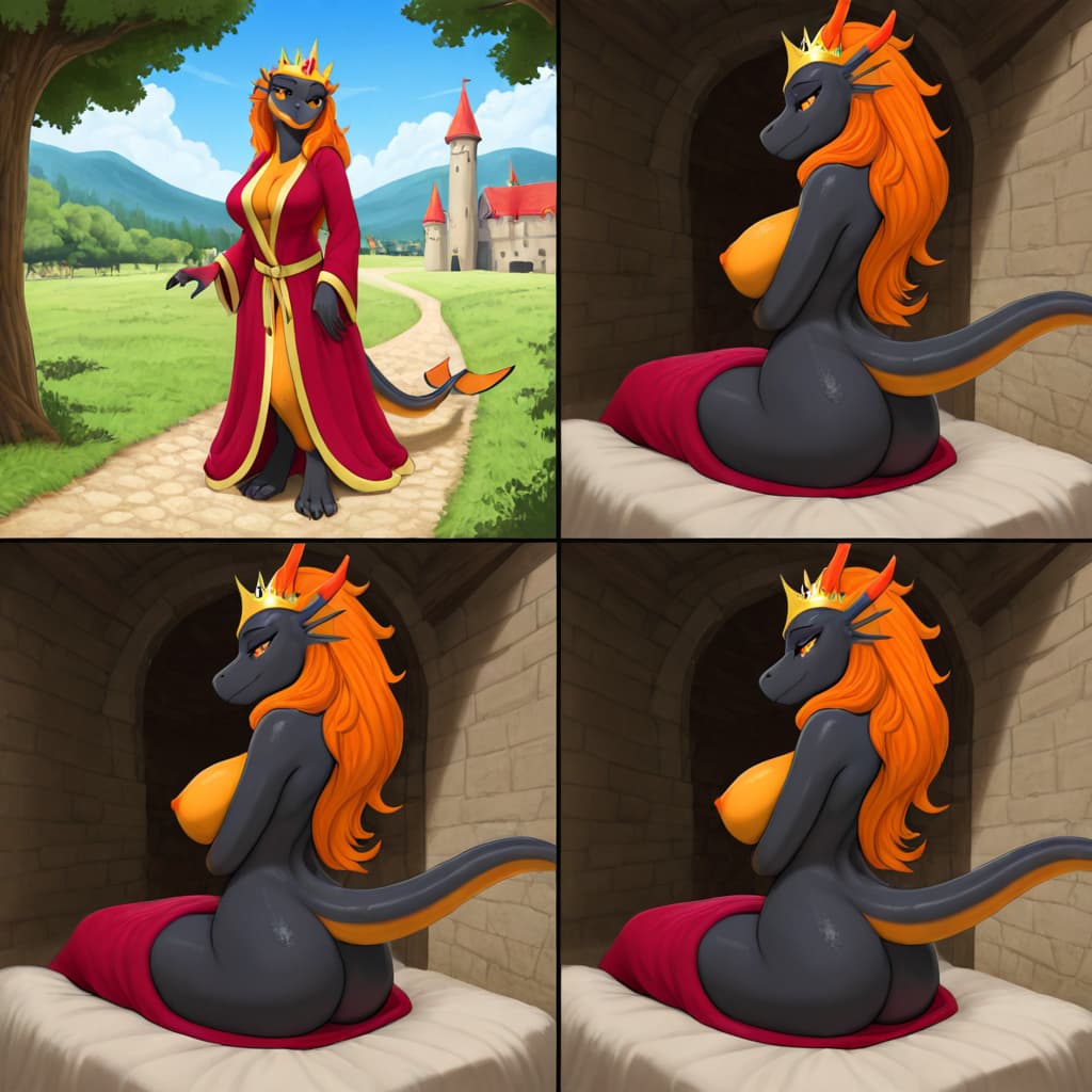By Vader-San, by zairiza , black body, yellow skin, orange_Nipples, Orange vagina orange hair black_scales Orange horns, tail_fin, robe, queen, crown solo_focus, wardrobe_malfunction, Kingdom, Castl
