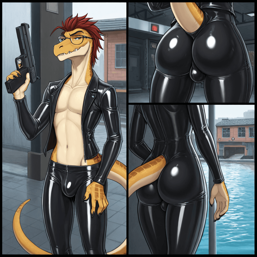 by brouva, by dark_nek0gami, by spiritalpha, by Narse, skinny Male, Male Kig-yar Ruuhtian scales, vanilla skin vanilla body, bulge, short_tail, solo_Focus multiple_piercings, short_male, older_male, g
