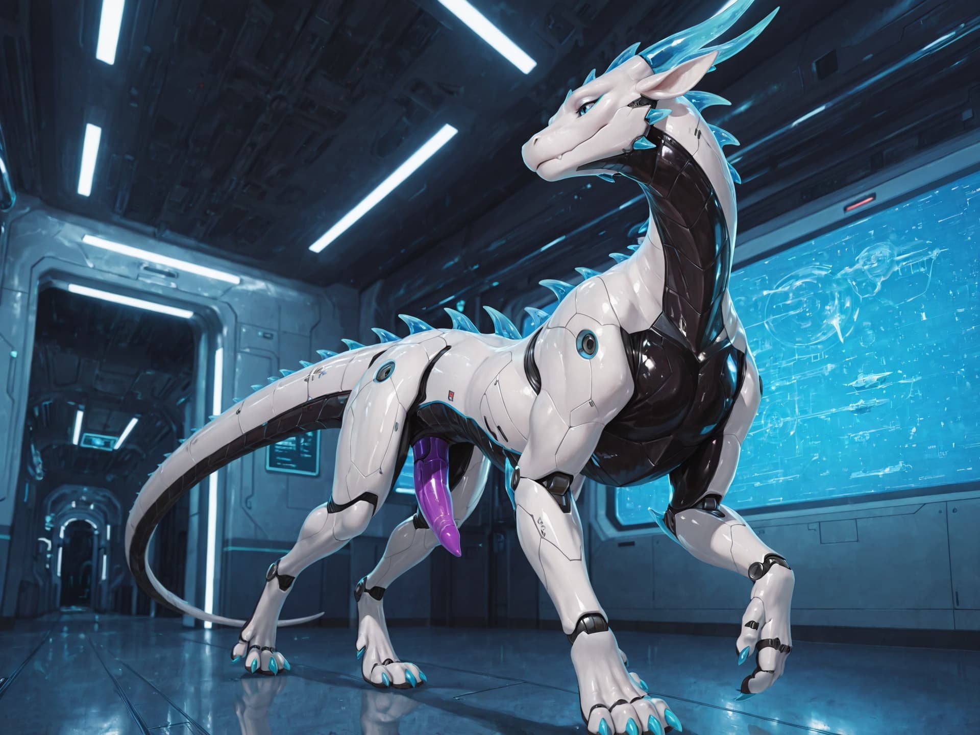 solo, dragon, (feral), quadruped, synthetic, robotic, walking, flat_chested, slim_body, sleek, synthetic_penis, tapering_penis, long_penis, robotic_penis, purple_penis, futuristic, white_body, blue_tr
