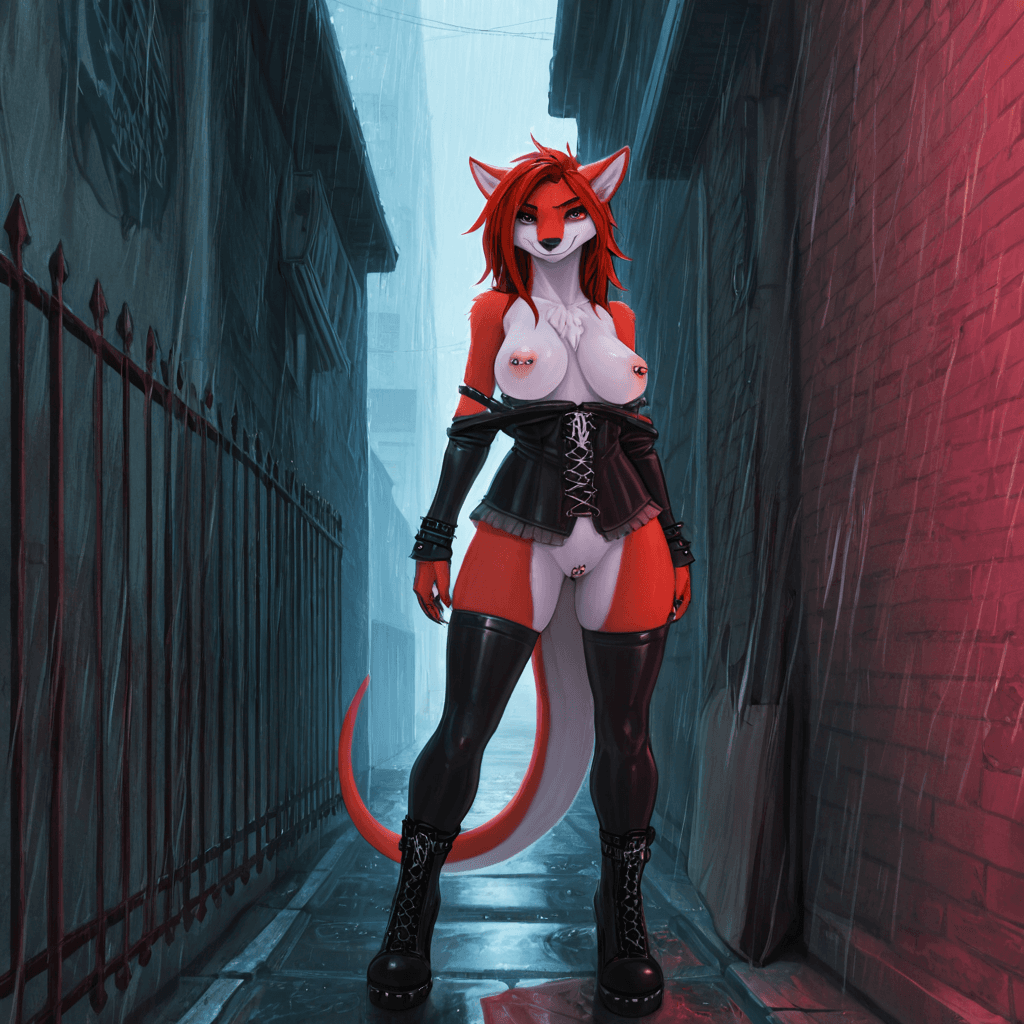 by jetshark, By klongi, by Narse yoshi, Female, nipples, vagina, red hair, nipple_piercing, genital_piercing, gothic, Alley, raining, fence,