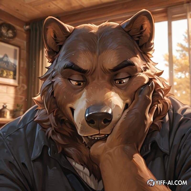 anthro brown bear, pressing his bare sole into the face of a wolf