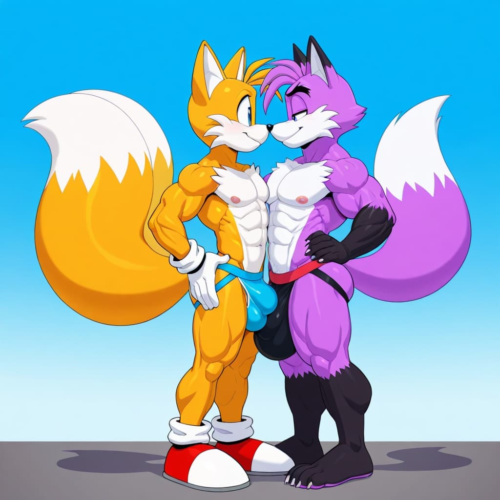 duo, 2 _boys, male fox, Tails by Sonic, 2_tails, muscular, abs, six-pack, standing, hand_on_hip, male fox , Tails Nine by Sonic, 2_tails, muscular, abs, six-pack, standing, jockstrap, big bulge,
