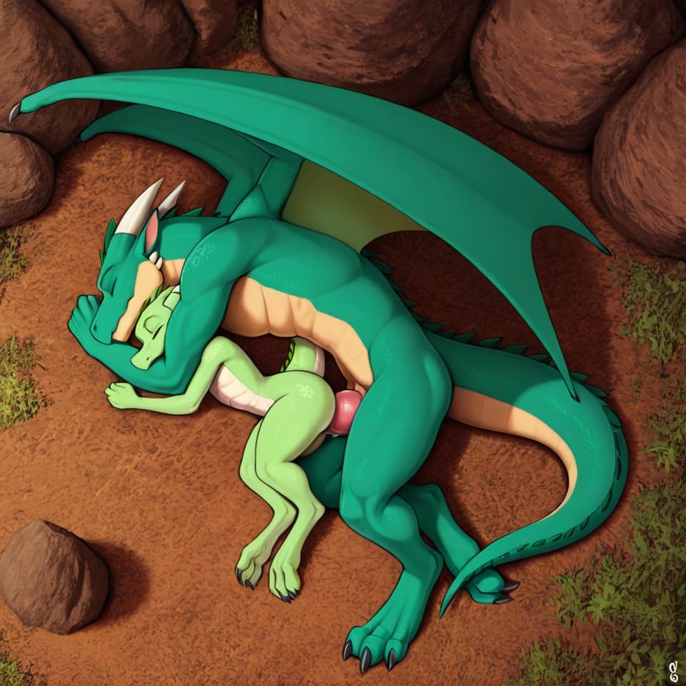 (Kobold, green, digitigrade_legs, female, lying, sleeping), (dragon, wings, male, big_penis), larger_male, smaller_penetrated, female_penetrated, sleep_sex, younger_female