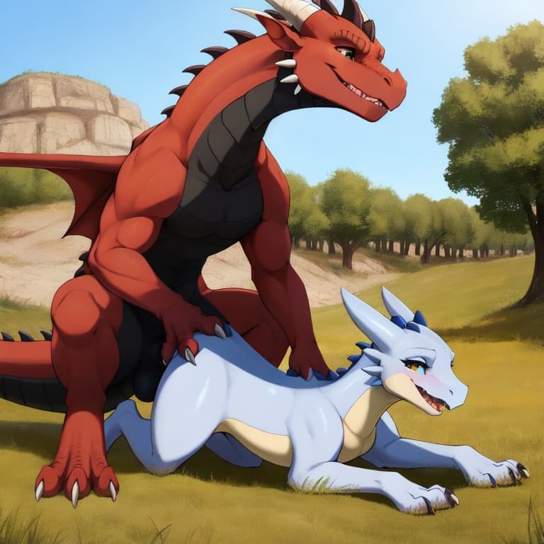 trio, dragon, kobold, male, female, larger_male, big_penis, size_difference, nude, vaginal_penetration, living_condom, cum_in_vagina, playful, outside, (feral_penetrating:1.3), (feral_male:1.3), (domi