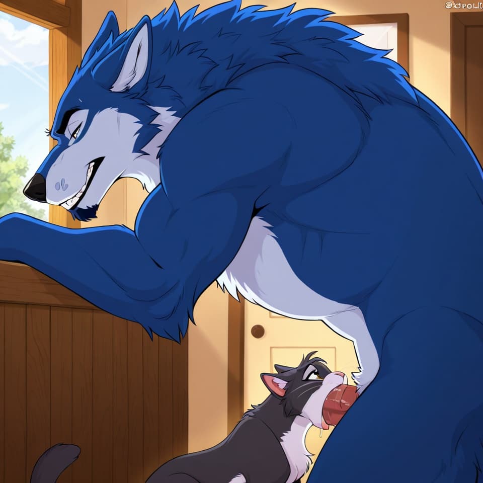Duo, (Male wolf, huge, (feral:1.3), humanoid_penis), (female house_cat, (feral:1.3)), oral_penetration, feral_on_feral, feral_penetrating_feral, size_difference, larger_male, (female_penetrated:1.3),