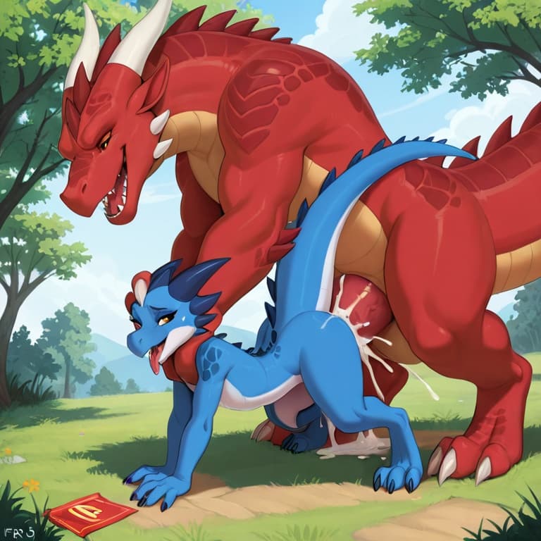 trio, dragon, kobold, male, female, larger_male, big_penis, size_difference, nude, vaginal_penetration, living_condom, cum_in_vagina, playful, outside, (feral_penetrating:1.3), (feral_male:1.3), (domi
