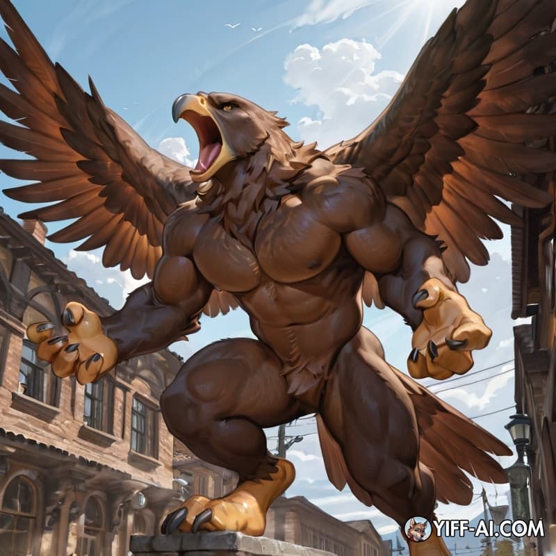 Solo, anthro, eagle, feathered_wings, big_hands, big_feet, nude, public_nudity, roaring, muscular_male,