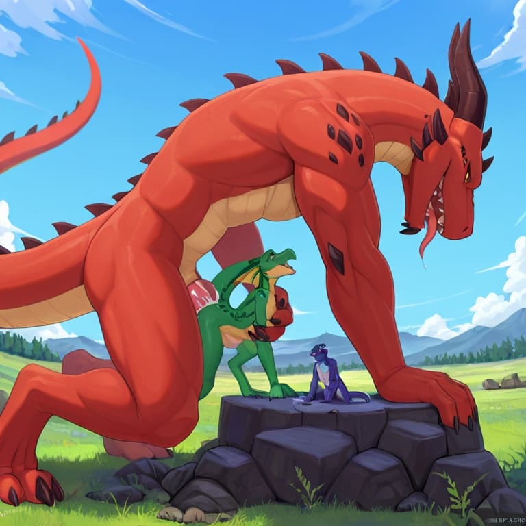 trio, dragon, kobold, male, female, larger_male, big_penis, size_difference, nude, vaginal_penetration, living_condom, cum_in_vagina, playful, outside, (feral_penetrating:1.3), (feral_male:1.3), (domi