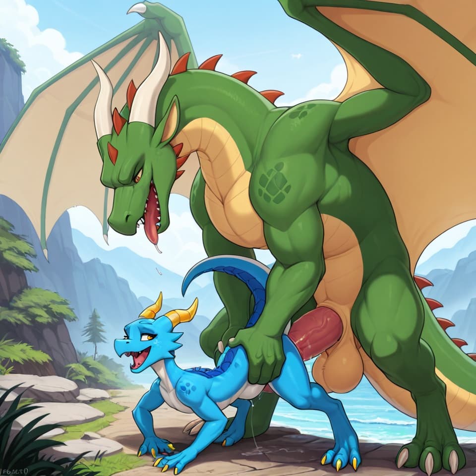 (Male dragon blue, big_penis, (feral:1.3)), +(female kobold green (feral:1.3)), male_penetrating, female_penetrated, fully_inside, size_difference, larger_male, extreme_size_difference, large_penetra