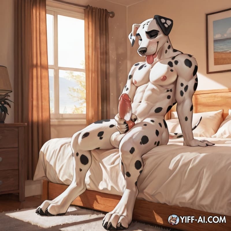 Solo, anthro, dalmatian, digitigrade, muscular_male, teenager, masturbation, big_feet, horny, tongue out, bed, sitting, bedroom,