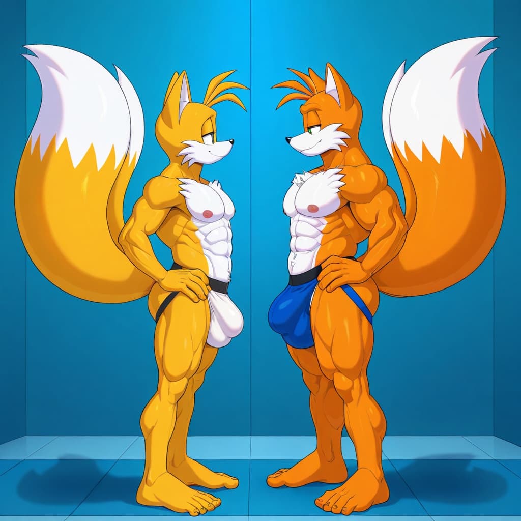 duo, 2 _boys, male fox, Tails by Sonic, orange_fur, 2_tails, muscular, adult anatomy, abs, six-pack, standing, hand_on_hip, male fox , Tails_Nine by Sonic, yellow_fur, 2_tails, muscular, adult a