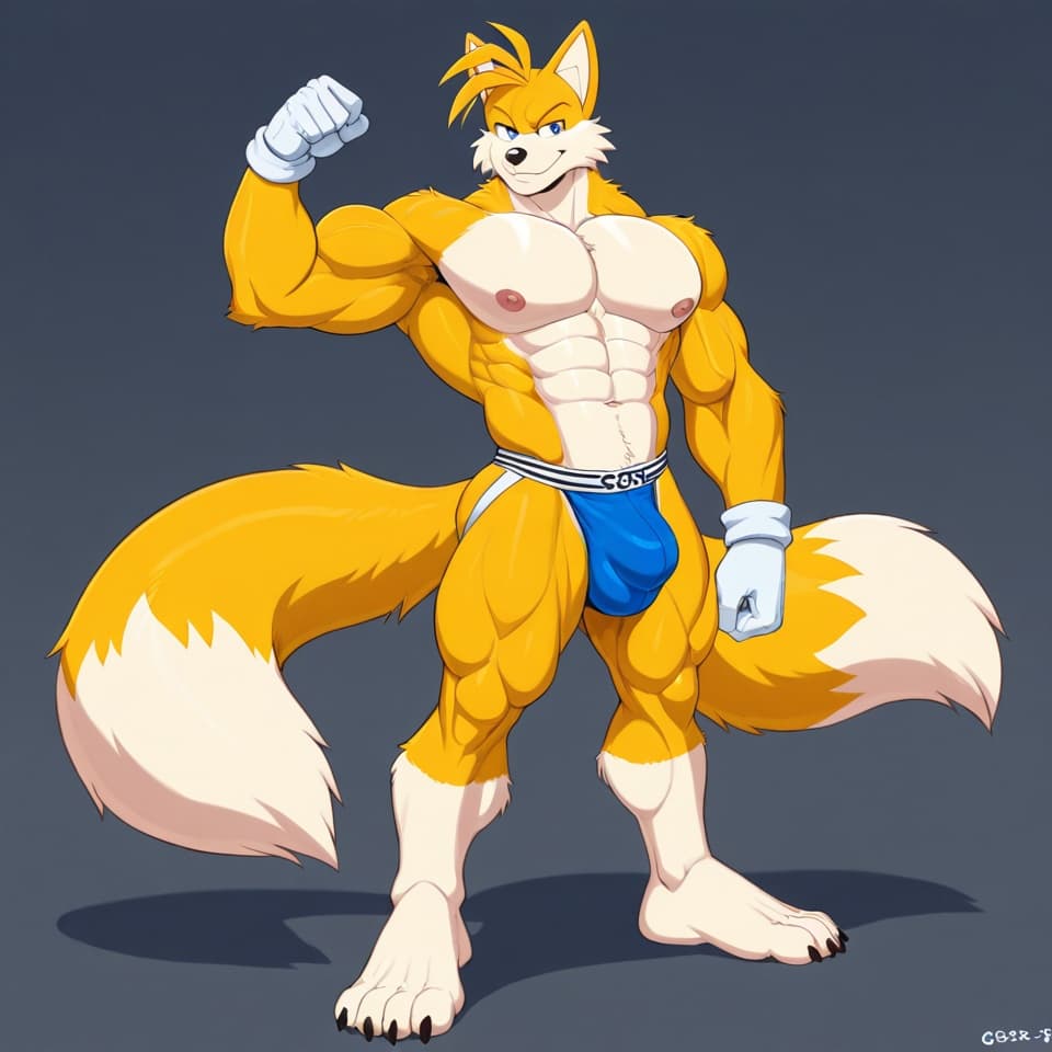 male fox , Tails_Nine by Sonic, yellow_fur, 2_tails, muscular, adult anatomy ,abs, six-pack, standing, white_gloves, jockstrap, detailed_bulge, mediun bulge, full body, three-quarter_view,
