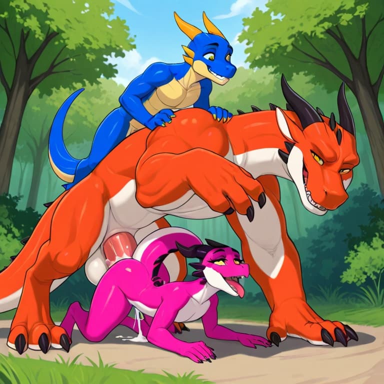trio, dragon, kobold, male, female, larger_male, big_penis, size_difference, nude, vaginal_penetration, living_condom, cum_in_vagina, playful, outside, (feral_penetrating:1.3), (feral_male:1.3), (domi