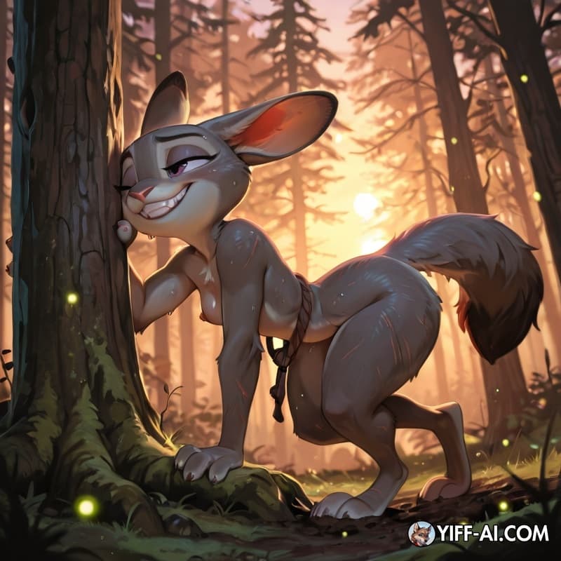 Aesthetic 11, Nick Wilde pinning Judy Hopps against a moss-covered oak tree in a dense, twilight forest, their fur damp with humidity as fireflies flicker in the warm haze. His strong grip lifts her
