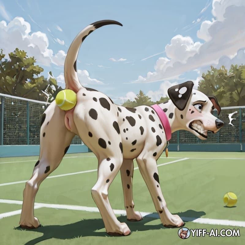 dog, feral, female, dalmatian, canid, animal_genitalia, animal_vulva, slim, human, anal_insertion, tennis_ball_in_ass, side_view, presenting_hindquarters, raised_tail, tears_of_pain, clenched_teeth, s