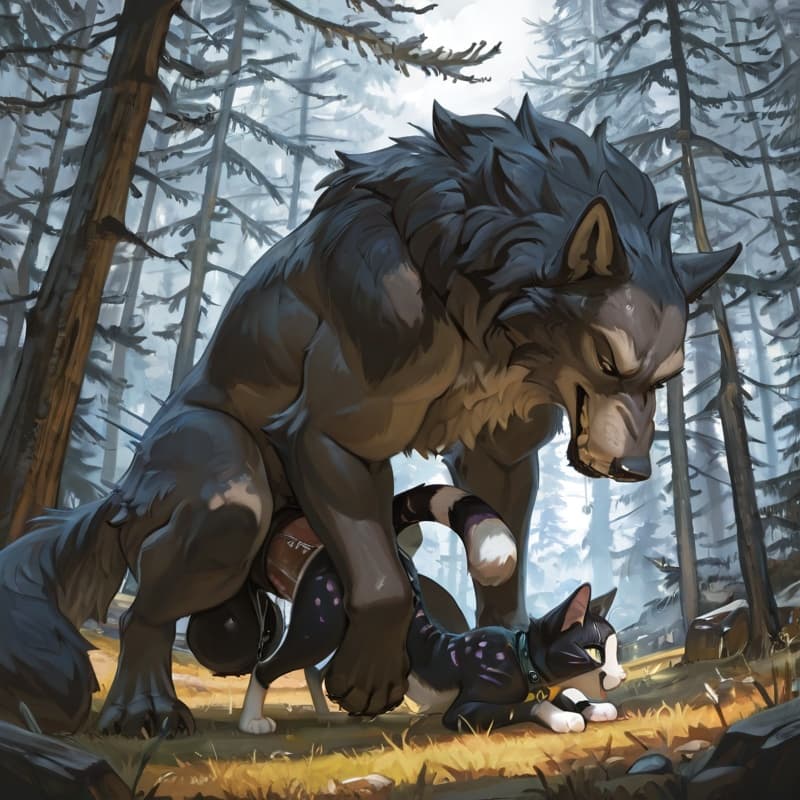 (Male wolf big_penis (feral:1.3)), +(female cat (feral:1.3)), male_penetrating, female_penetrated, fully_inside, larger_male, (extreme_size_difference:1.3), (extreme_penetration:1.3),